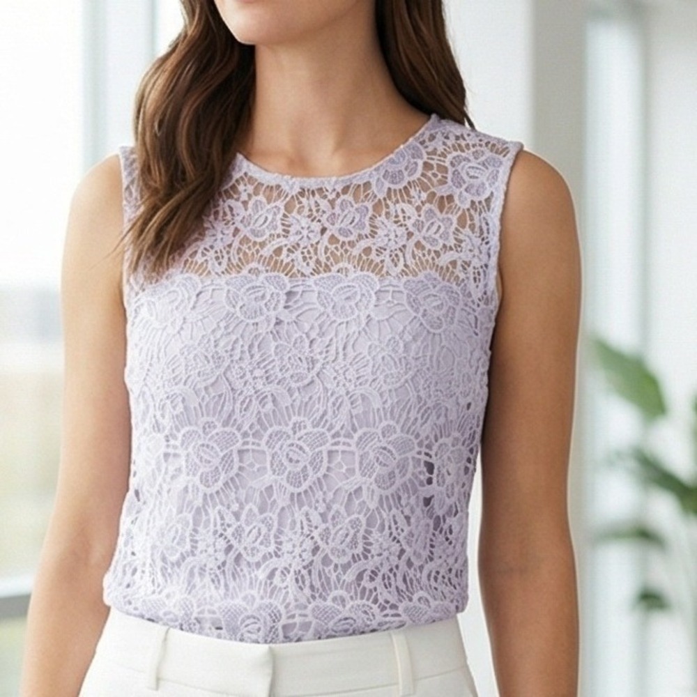 Nanette Lepore XL Lavender Floral‎ Lace Sleeveless Blouse Purple Scalloped Hem
